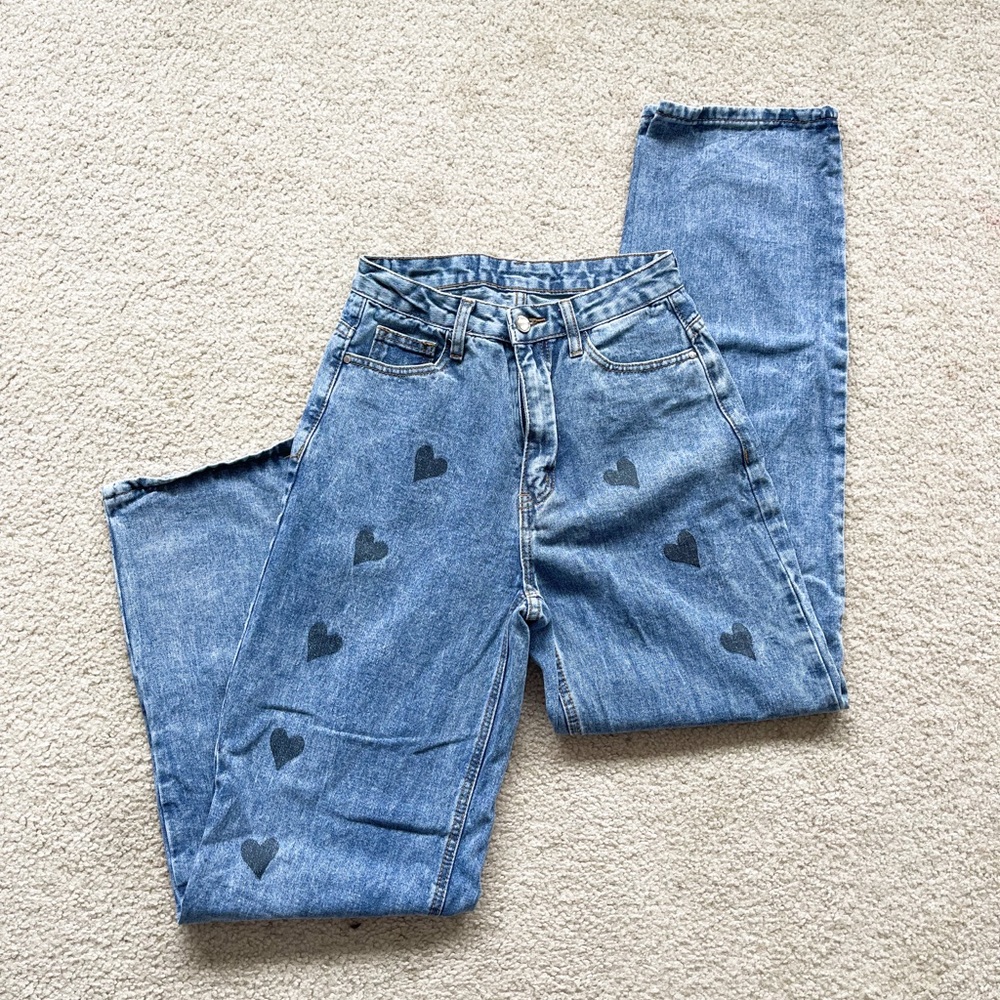 High Waisted Mid Wash Heart Boyfriend Jeans